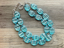 Load image into Gallery viewer, Textured Aqua Statement Necklace, Big Beaded necklace, chunky beaded blue necklace wedding, blue jewelry, white striped jewelry