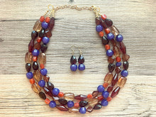 Load image into Gallery viewer, Hay Ride in Fall Necklace, Triple strand eggplant purple cranberry jewelry, Halloween pumpkin chunky big bead statement necklace