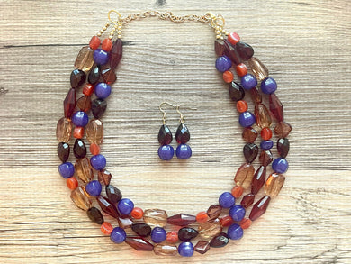 Hay Ride in Fall Necklace, Triple strand eggplant purple cranberry jewelry, Halloween pumpkin chunky big bead statement necklace