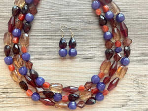 Hay Ride in Fall Necklace, Triple strand eggplant purple cranberry jewelry, Halloween pumpkin chunky big bead statement necklace