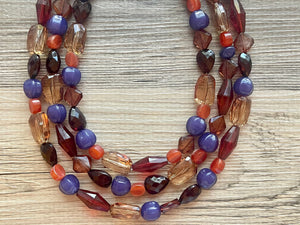 Hay Ride in Fall Necklace, Triple strand eggplant purple cranberry jewelry, Halloween pumpkin chunky big bead statement necklace