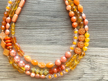 Load image into Gallery viewer, Orange party confetti Statement Necklace, chunky bib beaded jewelry, orange color block necklace, beaded acrylic tube jewelry gold