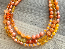 Load image into Gallery viewer, Orange party confetti Statement Necklace, chunky bib beaded jewelry, orange color block necklace, beaded acrylic tube jewelry gold