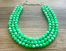 Load image into Gallery viewer, Bright Green chunky necklace, Green beaded jewelry, resin beaded green creamy necklace, 3 strand green statement ball bead