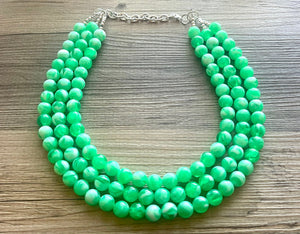 Bright Green chunky necklace, Green beaded jewelry, resin beaded green creamy necklace, 3 strand green statement ball bead