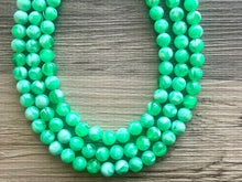 Load image into Gallery viewer, Bright Green chunky necklace, Green beaded jewelry, resin beaded green creamy necklace, 3 strand green statement ball bead