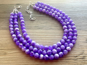 Violet Vibration Chunky Statement Necklace, 3 Strand Beaded Jewelry, Purple White cream jewelry, jewel tone mermaid bib