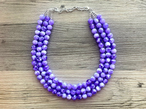 Violet Vibration Chunky Statement Necklace, 3 Strand Beaded Jewelry, Purple White cream jewelry, jewel tone mermaid bib