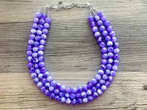 Violet Vibration Chunky Statement Necklace, 3 Strand Beaded Jewelry, Purple White cream jewelry, jewel tone mermaid bib