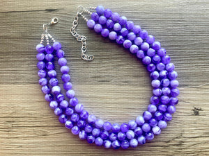 Violet Vibration Chunky Statement Necklace, 3 Strand Beaded Jewelry, Purple White cream jewelry, jewel tone mermaid bib