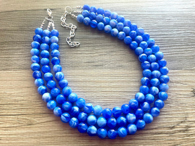 Royal blue Chunky Statement Necklace, 3 Strand Beaded Jewelry, Blue White cream jewelry, jewel tone mermaid bib bright blue sky