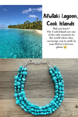 Cook Islands chunky necklace, Wanderlust Collection beaded jewelry, resin beaded Blue green aqua necklace, turquoise blue necklace