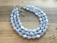 Load image into Gallery viewer, Light Blue Statement Necklace, chunky bib beaded jewelry, sky blue color block necklace, beaded acrylic bib jewelry periwinkle triple strand