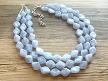 Load image into Gallery viewer, Light Blue Statement Necklace, chunky bib beaded jewelry, sky blue color block necklace, beaded acrylic bib jewelry periwinkle triple strand