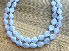 Load image into Gallery viewer, Light Blue Statement Necklace, chunky bib beaded jewelry, sky blue color block necklace, beaded acrylic bib jewelry periwinkle triple strand