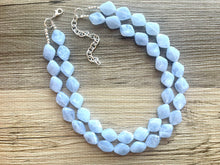 Load image into Gallery viewer, Light Blue Statement Necklace, chunky bib beaded jewelry, sky blue color block necklace, beaded acrylic bib jewelry periwinkle triple strand