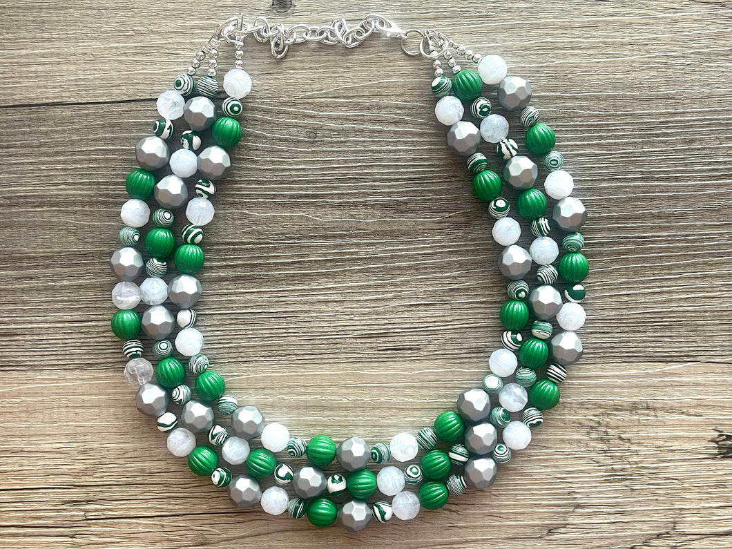 Green & White Statement Necklace, Green jewelry, dark green bib chunky necklace, Kelly green ombré white beaded necklace silver