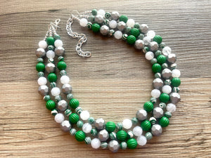 Green & White Statement Necklace, Green jewelry, dark green bib chunky necklace, Kelly green ombré white beaded necklace silver