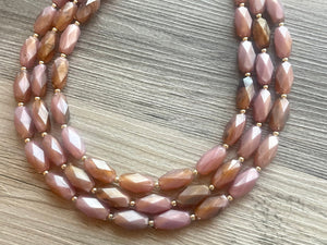 Dusty Rose textured Necklace, Triple Strand Statement Jewelry,Chunky bib bridesmaid or everyday jewelry champagne brown tan