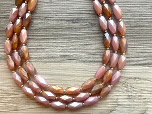 Dusty Rose textured Necklace, Triple Strand Statement Jewelry,Chunky bib bridesmaid or everyday jewelry champagne brown tan