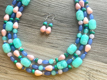 Load image into Gallery viewer, Cosmic Planet Chunky Statement Necklace, mint blue silver blush pink necklace, beaded thick bib necklace, beaded statement jewelry peach