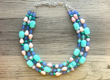 Load image into Gallery viewer, Cosmic Planet Chunky Statement Necklace, mint blue silver blush pink necklace, beaded thick bib necklace, beaded statement jewelry peach