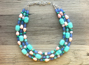 Cosmic Planet Chunky Statement Necklace, mint blue silver blush pink necklace, beaded thick bib necklace, beaded statement jewelry peach