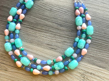 Load image into Gallery viewer, Cosmic Planet Chunky Statement Necklace, mint blue silver blush pink necklace, beaded thick bib necklace, beaded statement jewelry peach