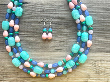 Load image into Gallery viewer, Cosmic Planet Chunky Statement Necklace, mint blue silver blush pink necklace, beaded thick bib necklace, beaded statement jewelry peach