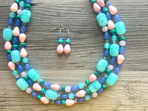 Cosmic Planet Chunky Statement Necklace, mint blue silver blush pink necklace, beaded thick bib necklace, beaded statement jewelry peach