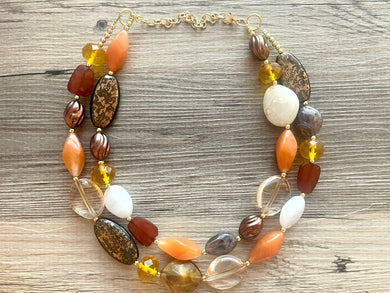 Autumn Art Statement Necklace, Gold & Orange Necklace, 2 Strand Statement Necklace, fall colors chunky necklace burnt clementine