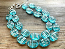 Load image into Gallery viewer, Textured Aqua Statement Necklace, Big Beaded necklace, chunky beaded blue necklace wedding, blue jewelry, white striped jewelry