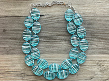 Load image into Gallery viewer, Textured Aqua Statement Necklace, Big Beaded necklace, chunky beaded blue necklace wedding, blue jewelry, white striped jewelry