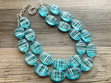 Load image into Gallery viewer, Textured Aqua Statement Necklace, Big Beaded necklace, chunky beaded blue necklace wedding, blue jewelry, white striped jewelry