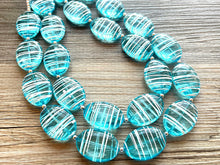 Load image into Gallery viewer, Textured Aqua Statement Necklace, Big Beaded necklace, chunky beaded blue necklace wedding, blue jewelry, white striped jewelry