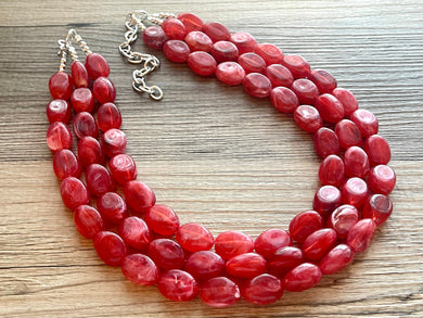 Crystal Red Lipstick Necklace, Red Double Strand Statement Jewelry, bright red Chunky bib bridesmaid, red necklace beaded shell black