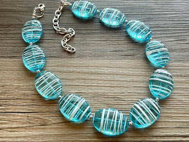 Textured Aqua Statement Necklace, Big Beaded necklace, chunky beaded blue necklace wedding, blue jewelry, white striped jewelry