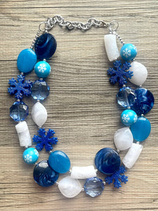 Blue & White Snow Christmas Beaded Necklace, 2 strand Chunky statement necklace, big beaded necklace jewelry, Aqua sparkle silver statement