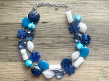 Load image into Gallery viewer, Blue &amp; White Snow Christmas Beaded Necklace, 2 strand Chunky statement necklace, big beaded necklace jewelry, Aqua sparkle silver statement