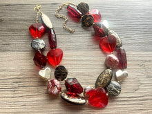 Load image into Gallery viewer, Heart Breaker double strand OOAK statement Necklace, Red gold Beaded Necklace, summer jewelry neutral, gray black resin cranberry beads love