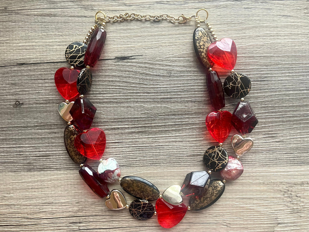 Heart Breaker double strand OOAK statement Necklace, Red gold Beaded Necklace, summer jewelry neutral, gray black resin cranberry beads love