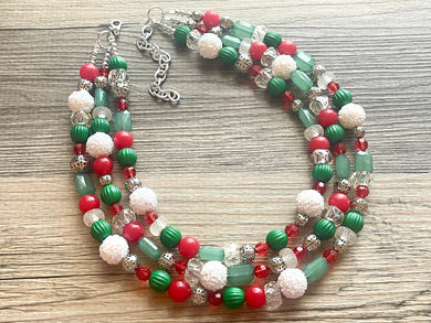 Christmas Necklace, Red & Green Bead Holiday Jewelry, Red Green Jewelry, Beaded Christmas Gift Christmas Present December Winter white