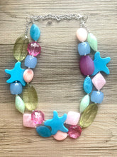 Load image into Gallery viewer, Antiqua Beach Double Layer statement necklace, Chunky Jewelry star beads jewelry, OOAK Peach blue green pink