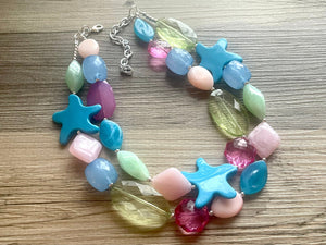 Antiqua Beach Double Layer statement necklace, Chunky Jewelry star beads jewelry, OOAK Peach blue green pink