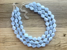 Load image into Gallery viewer, Light Blue Statement Necklace, chunky bib beaded jewelry, sky blue color block necklace, beaded acrylic bib jewelry periwinkle triple strand