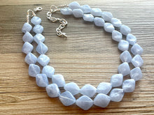 Load image into Gallery viewer, Light Blue Statement Necklace, chunky bib beaded jewelry, sky blue color block necklace, beaded acrylic bib jewelry periwinkle triple strand