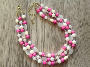 Pink Sugar Chunky Statement Necklace, 3 Strand Beaded Jewelry, Pink White cream jewelry, jewel tone tan champagne bib light pink