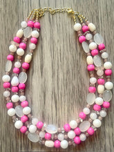 Load image into Gallery viewer, Pink Sugar Chunky Statement Necklace, 3 Strand Beaded Jewelry, Pink White cream jewelry, jewel tone tan champagne bib light pink