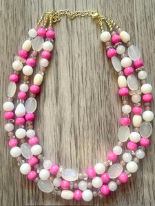 Pink Sugar Chunky Statement Necklace, 3 Strand Beaded Jewelry, Pink White cream jewelry, jewel tone tan champagne bib light pink