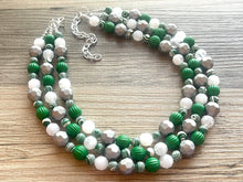 Load image into Gallery viewer, Green &amp; White Statement Necklace, Green jewelry, dark green bib chunky necklace, Kelly green ombré white beaded necklace silver